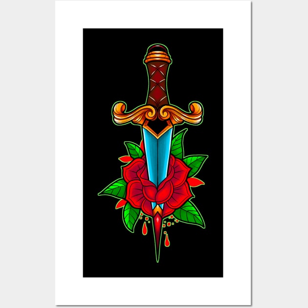 Traditional Inspired Rose bleeding Dagger Wall Art by DUFE